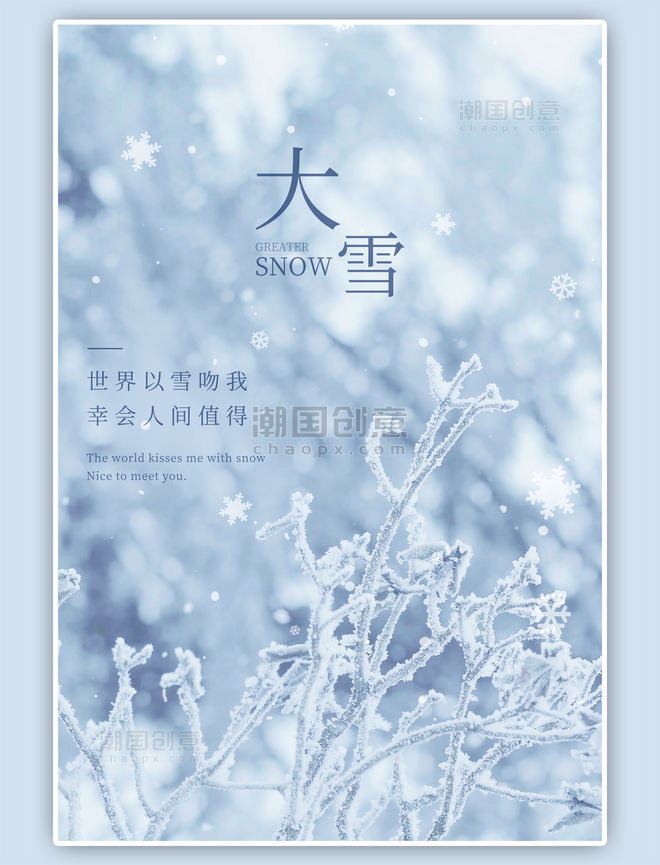 大雪节气祝福实景简约蓝白色海报