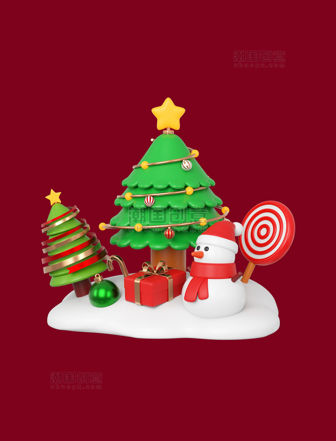 C4D圣诞元素场景圣诞树雪人礼物棒棒糖3d元素