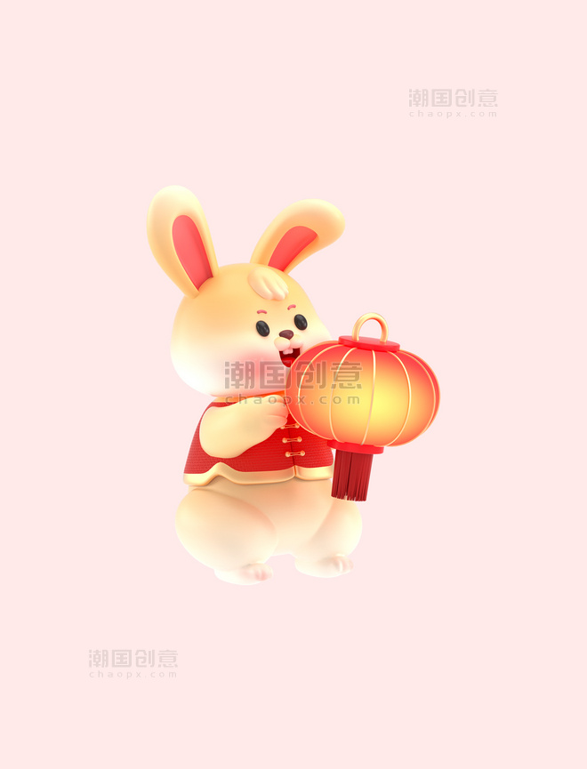 3D卡通新年兔年春节新春c4d兔子拿灯笼