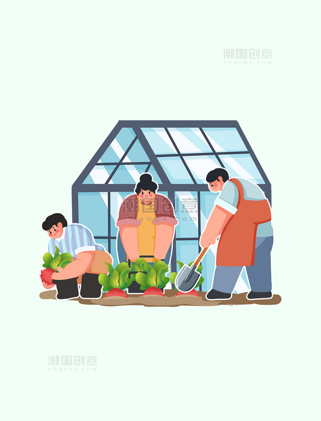 园艺师园丁种植萝卜温室玻璃房插画元素