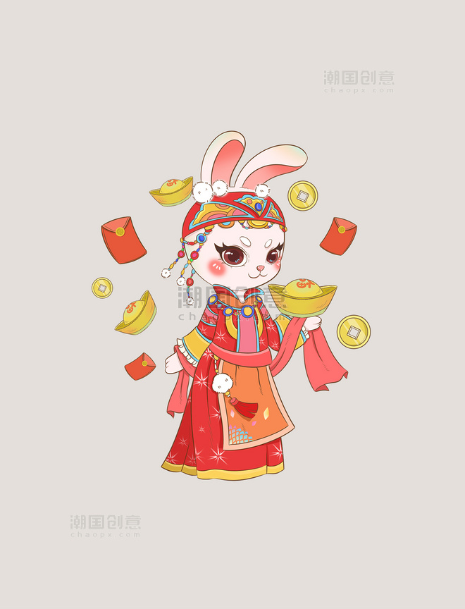 红色可爱春节土族民族风服饰拿元宝兔子元素