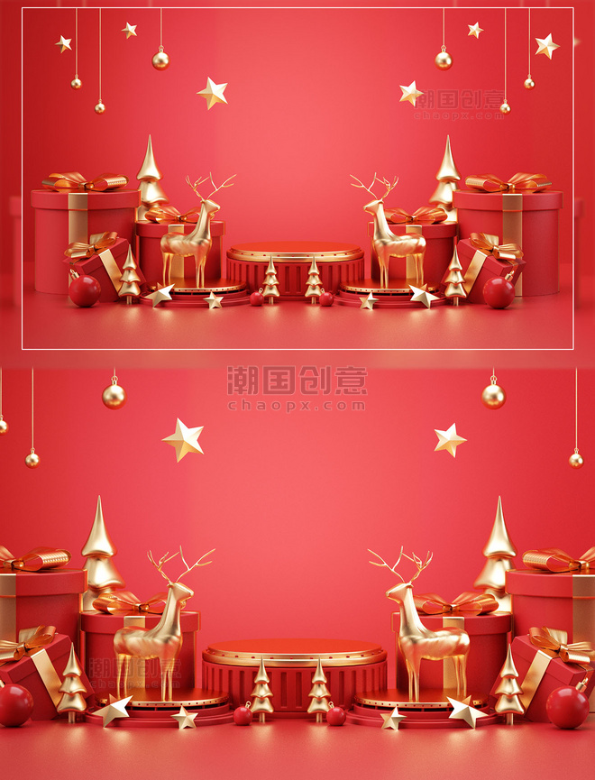 圣诞圣诞节3D立体红色C4D电商活动促销展台背景