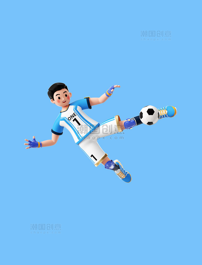世界杯足球杯3D卡通人物运动员踢足球射门形象
