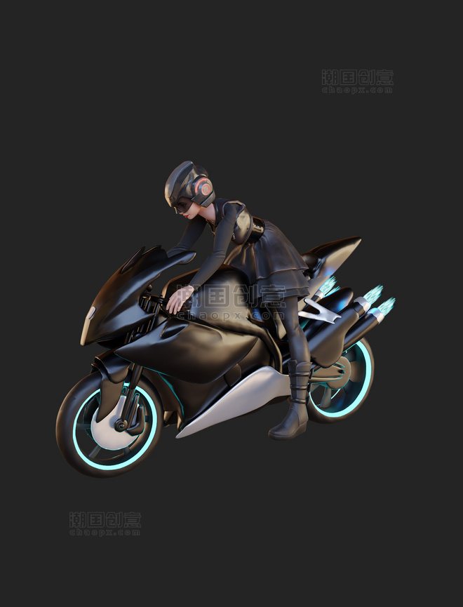 3D写实仿真立体科技科幻黑色女性人物骑车运动潮流科技感摩托车