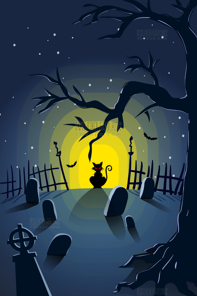 夜晚墓地里的黑猫插画