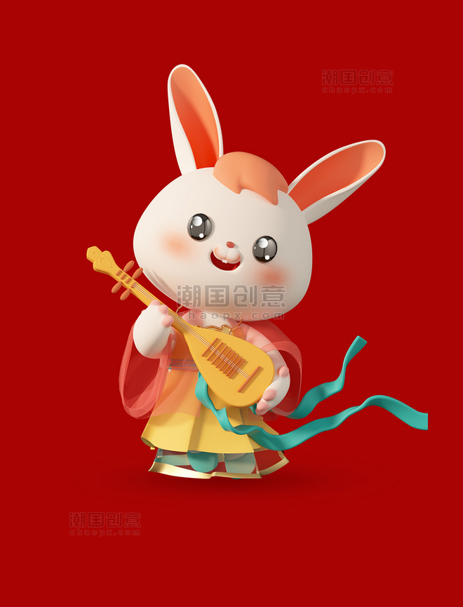 3D立体C4D中国风卡通兔年喜庆兔子春节新春乐器弹琵琶
