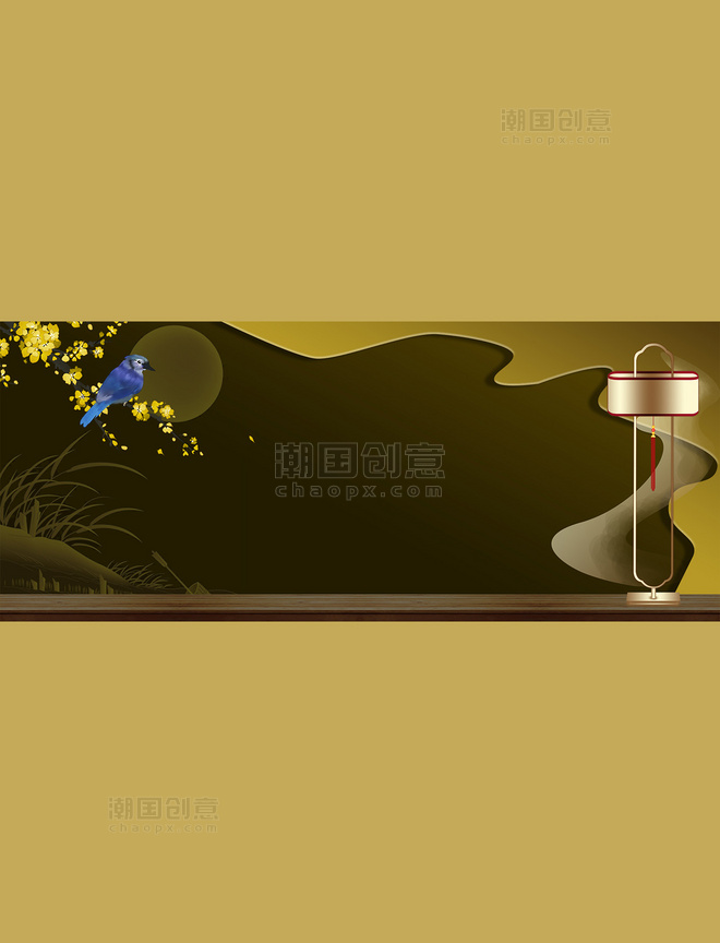 横版新中式中国风房地产别墅庭院黑金色优雅背景