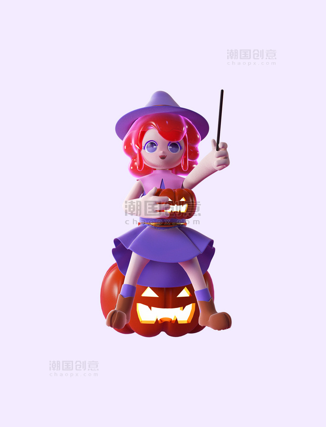 万圣节可爱3D立体小魔女女巫卡通紫色人物形象