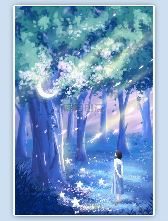 唯美治愈森林里遇到星星月亮的少女插画竖图