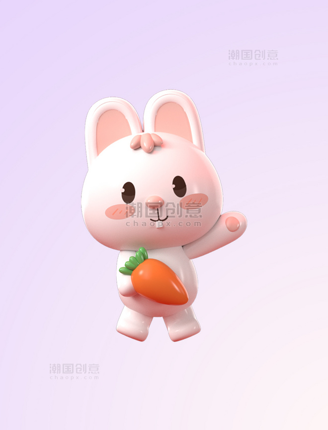 3DC4D立体卡通兔子手拿胡萝卜打招呼创意简约肉嘟嘟元素