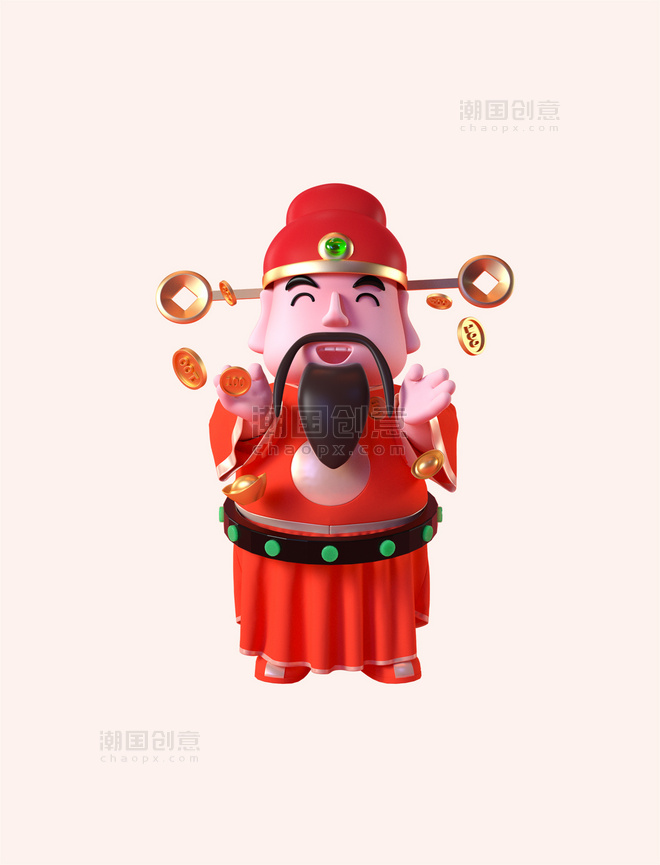兔年春节新年3D立体卡通财神爷手拿金元宝形象