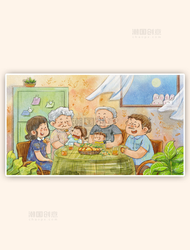 中秋节家人团圆温馨家庭聚餐插画