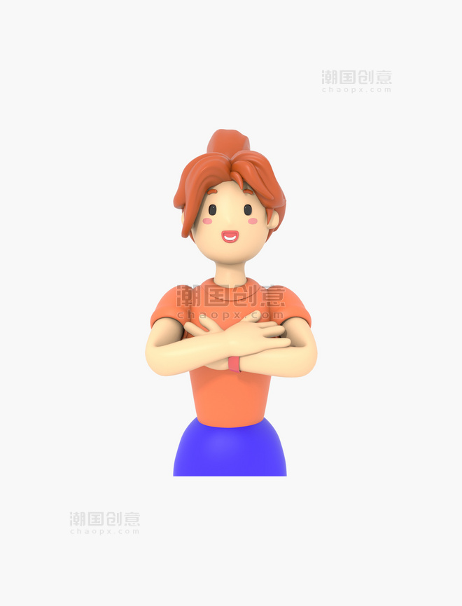 3D女性人物C4D立体叉腰自信橘色头发女孩