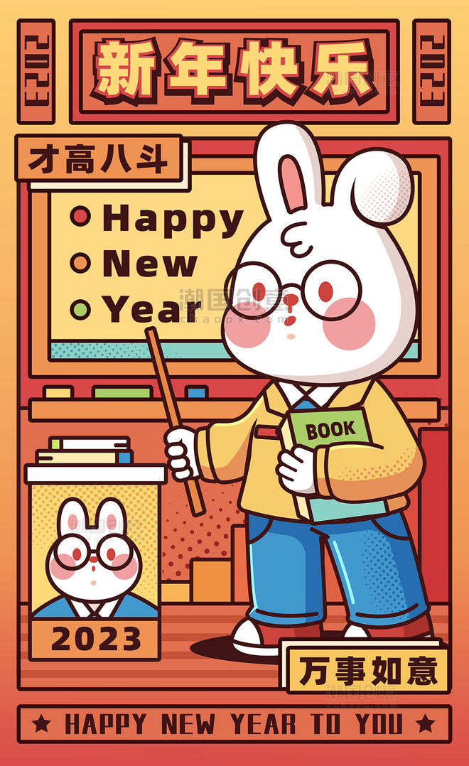 2023兔年新年春节新春新年兔子职业兔子老师教师拟人祝福插画