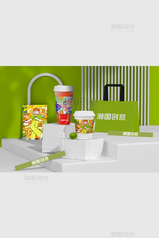 奶茶咖啡纸杯手提袋单张样机绿色包装纸杯