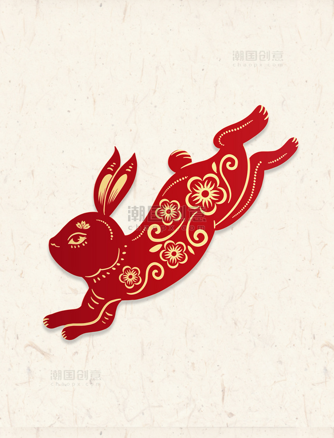 新年兔年春节红色红金立体剪纸兔子