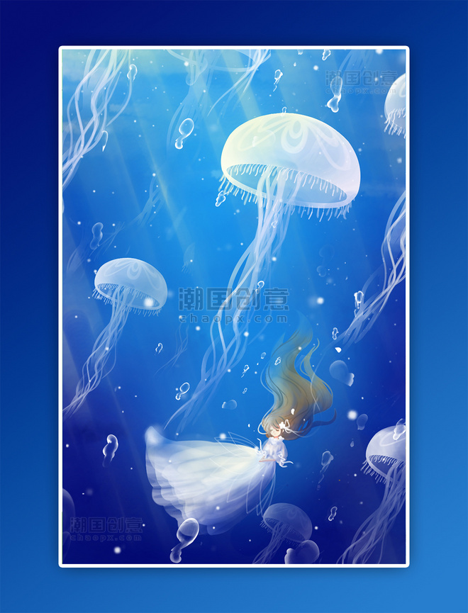 深蓝色唯美卡通治愈夏季海洋深海水母配图