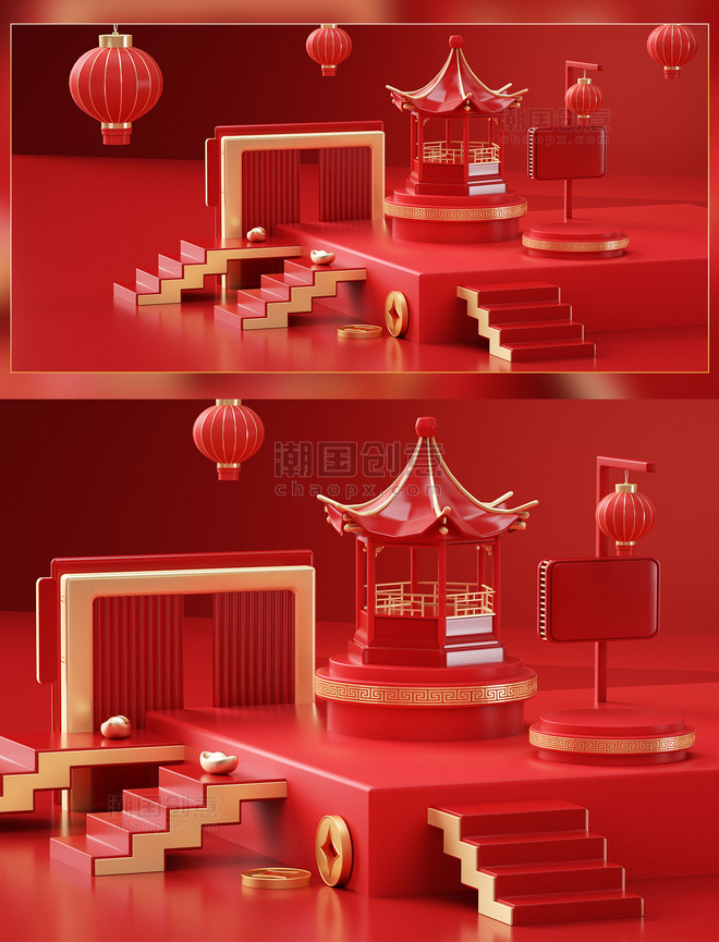 新年春节喜庆3D红色电商展台背景模型