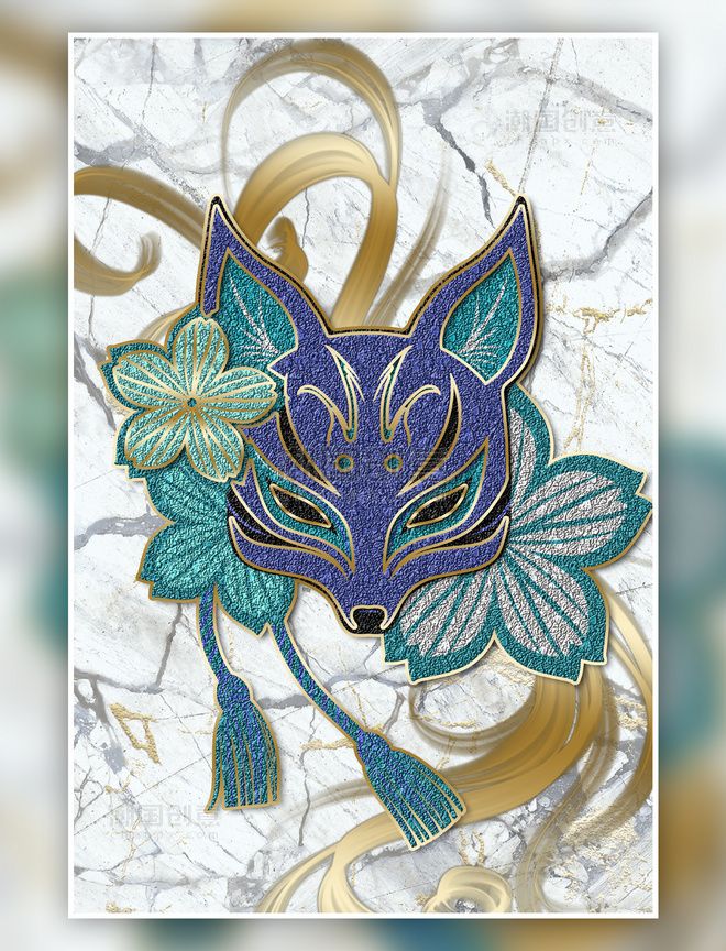 珐琅彩装饰画 珐琅彩九尾狐蓝色抽象装饰画图片_潮国创意