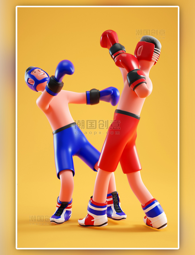 3D立体c4d卡通人物黄色体育运动拳击搏击