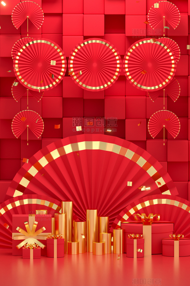 中国风新春新年礼盒礼物红色背景