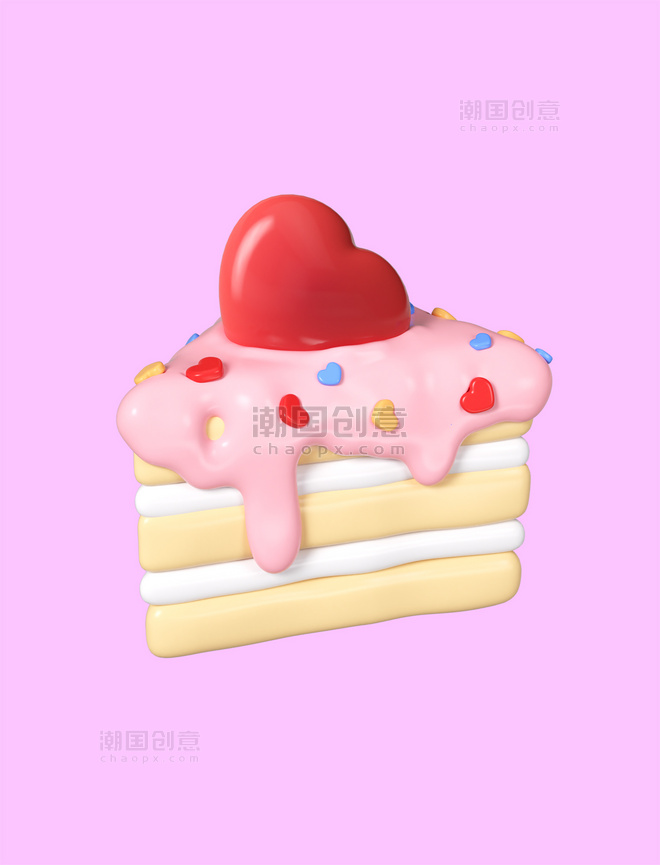 3D立体情人节520爱心粉色奶油三角切块蛋糕