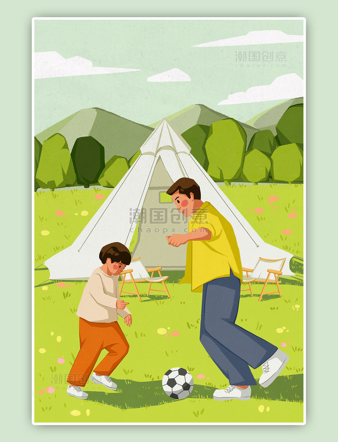 亲子活动爸爸和儿子野外玩耍踢球露营温馨场景