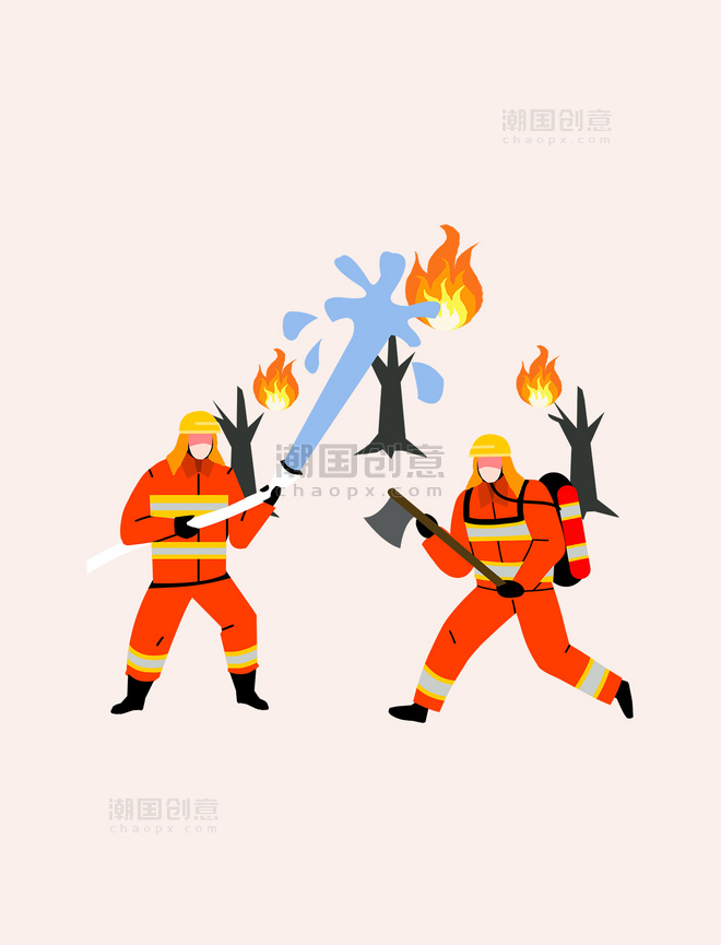 森林防火消防员灭火救灾抢险卡通元素