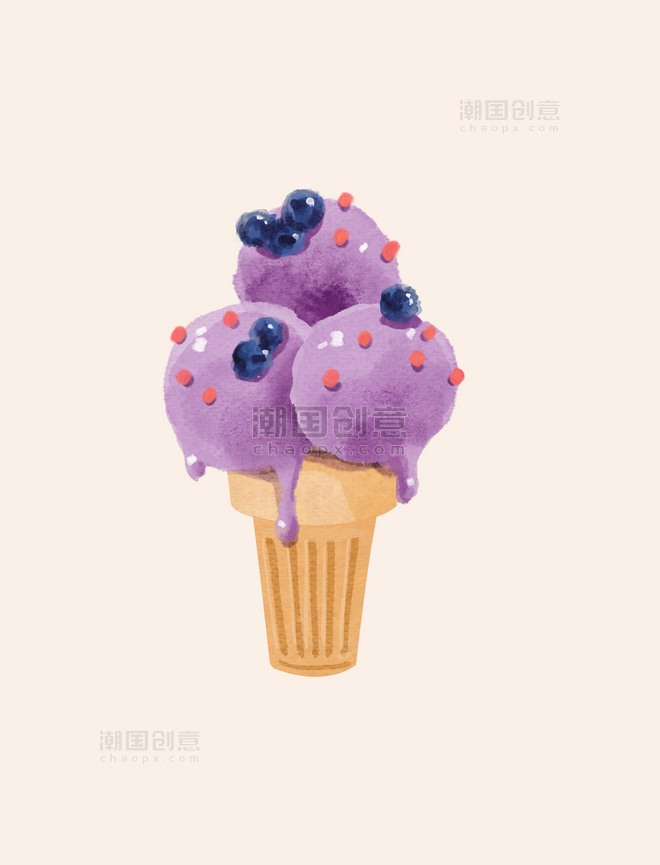 手绘水彩夏天卡通甜筒蓝莓冰淇淋手账贴纸