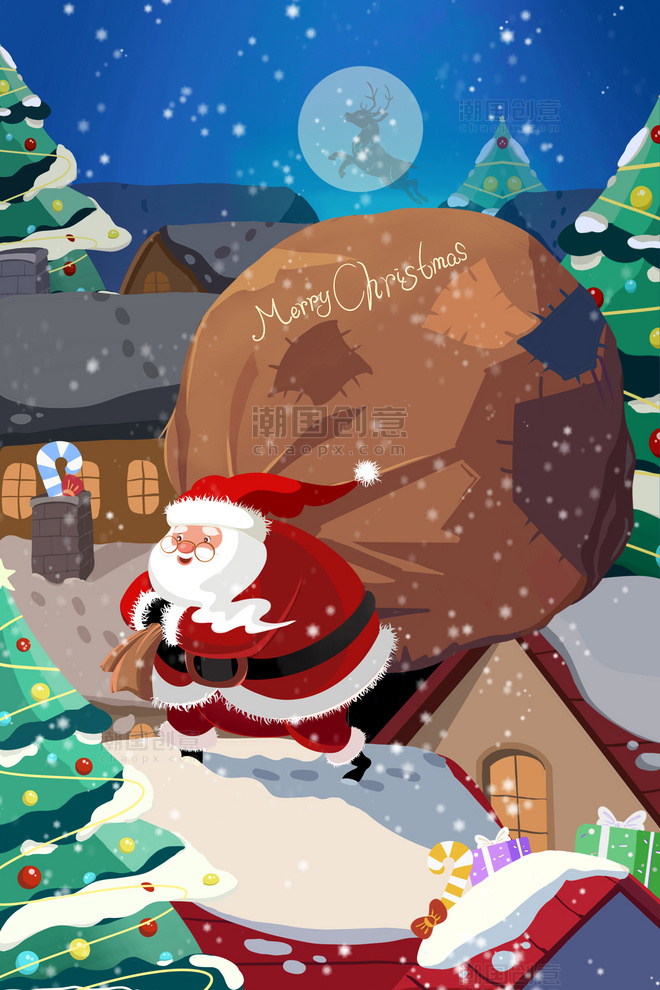 圣诞节圣诞平安夜圣诞老人屋顶送礼物插画