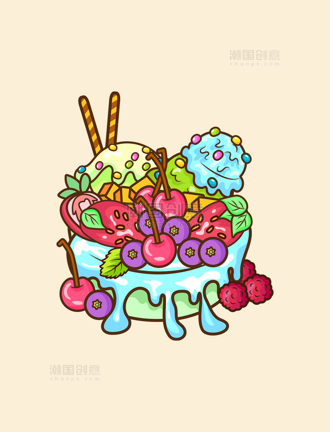 夏天美食蓝莓芒果草莓冰淇淋蛋糕