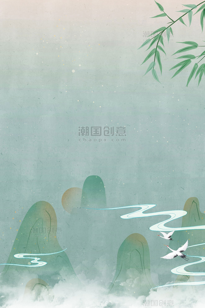 简约中国风竹子绿色中式国潮山水插画背景