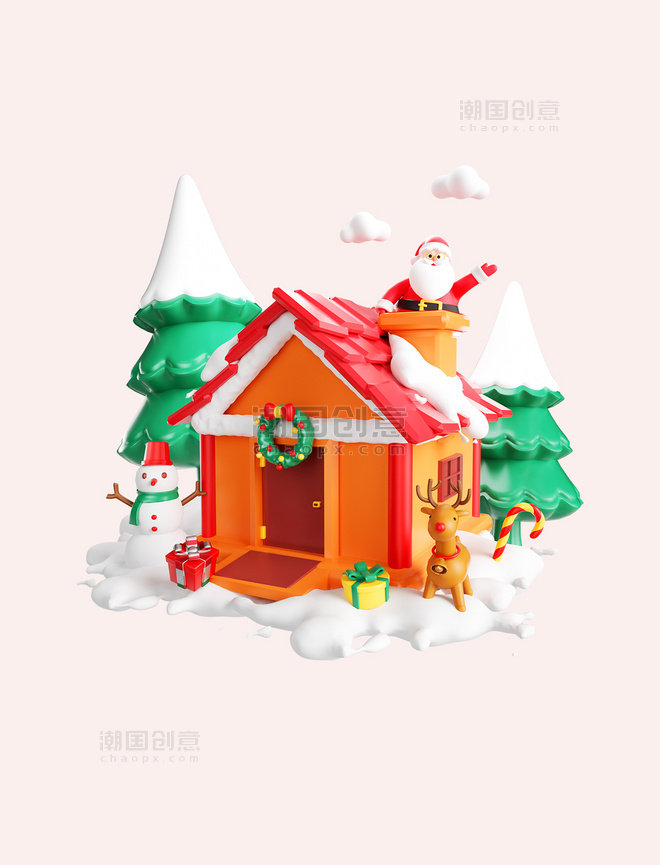 3D圣诞圣诞节房子场景圣诞老人送礼物