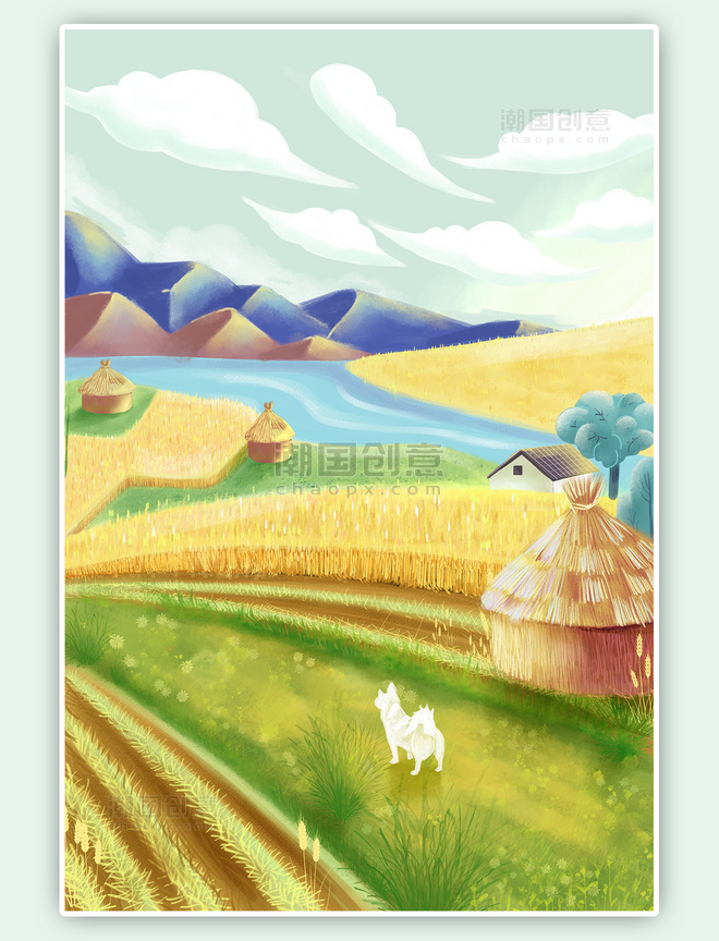 二十四节气芒种收麦子的场景手绘插画