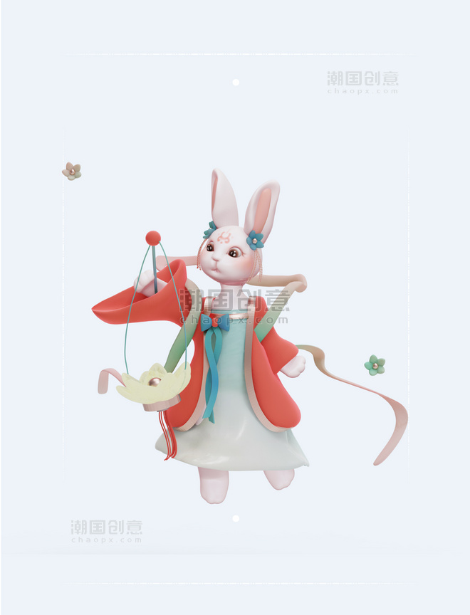 C4D立体国风国潮兔子月兔兔仙人手提莲花灯
