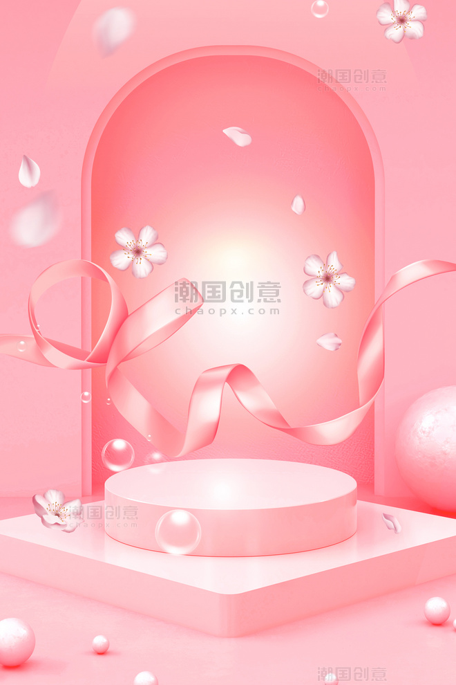 粉色樱花春天浪漫促销海报展台背景