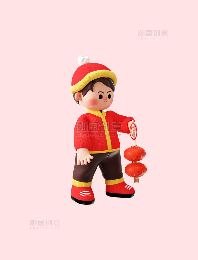 新年春节喜庆红色3D卡通福娃人物手提灯笼