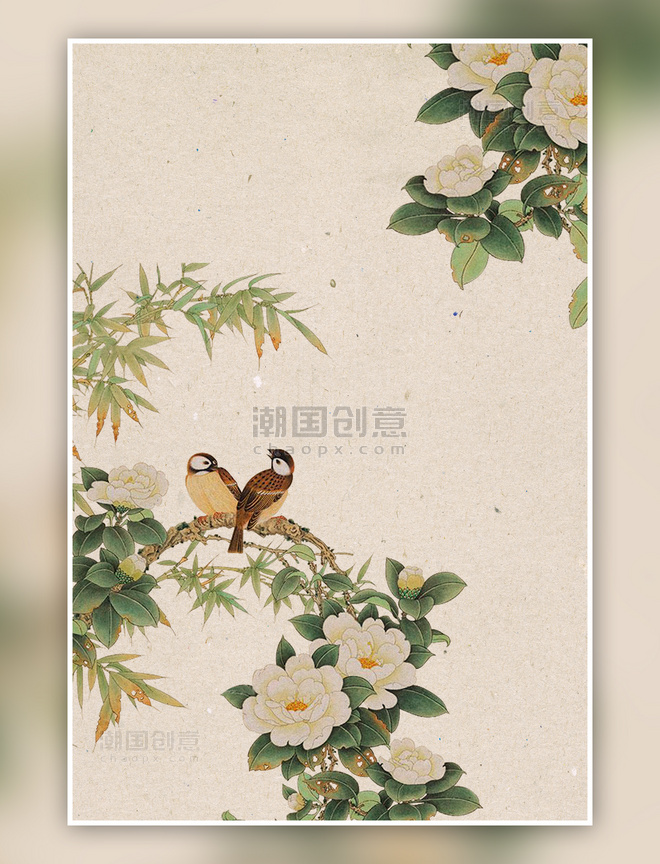 中国风工笔画花鸟主题背景