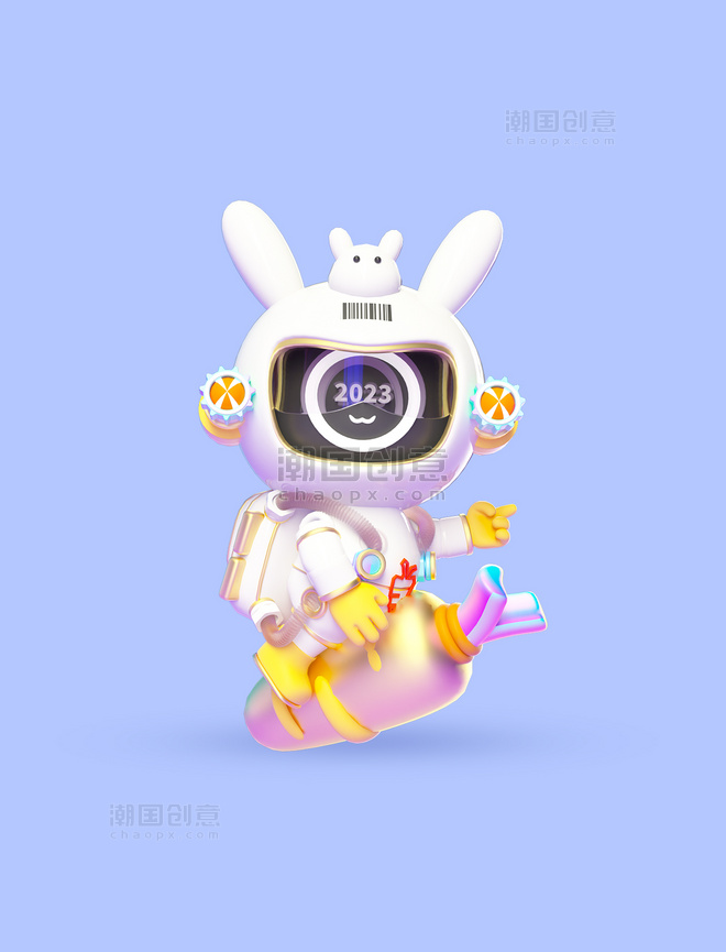 3d卡通科技感兔年兔子胡萝卜骑萝卜宇航员春节立体模型