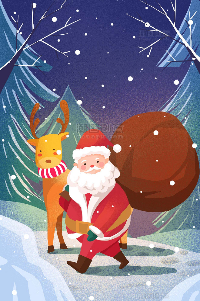 手绘圣诞老人和驯鹿插画圣诞