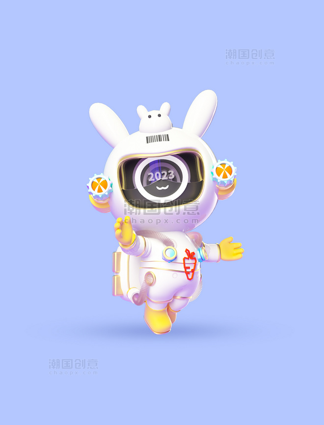 3d卡通科技感兔年兔子欢迎宇航员春节立体模型