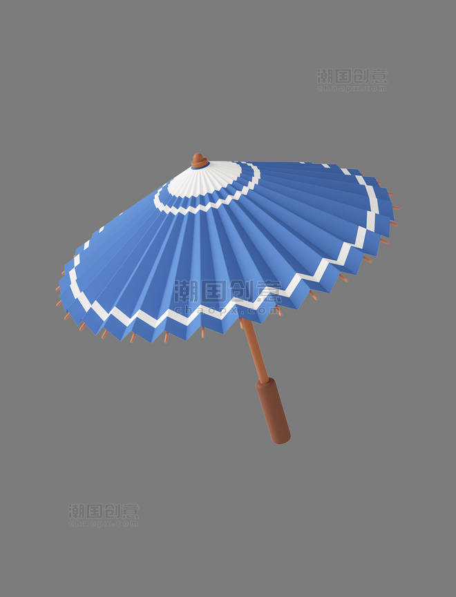 蓝色C4D立体卡通古风雨伞下雨天中式