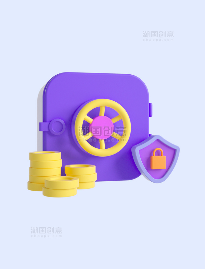 3D立体紫色C4D金币保险箱金融理财银行投资