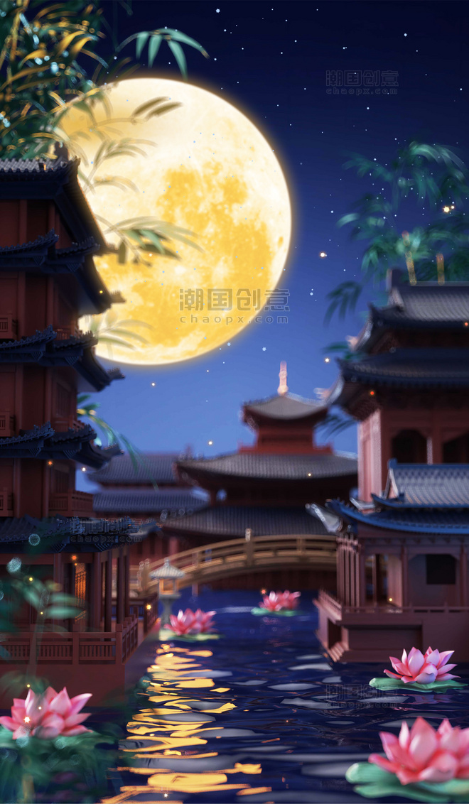 3D中国风中式建筑中秋中秋节立体场景中秋赏月