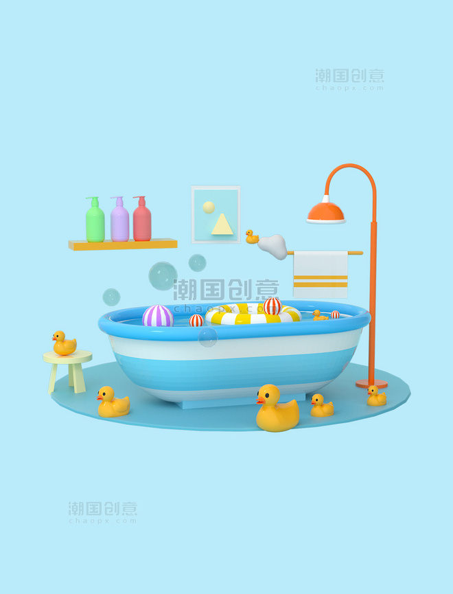 C4D元素浴缸洗发水鸭子花洒毛巾地毯浴室小场景儿童母婴