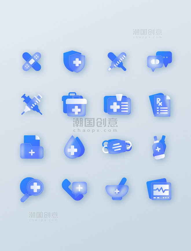 蓝色医疗医院玻璃图标icon健康体检