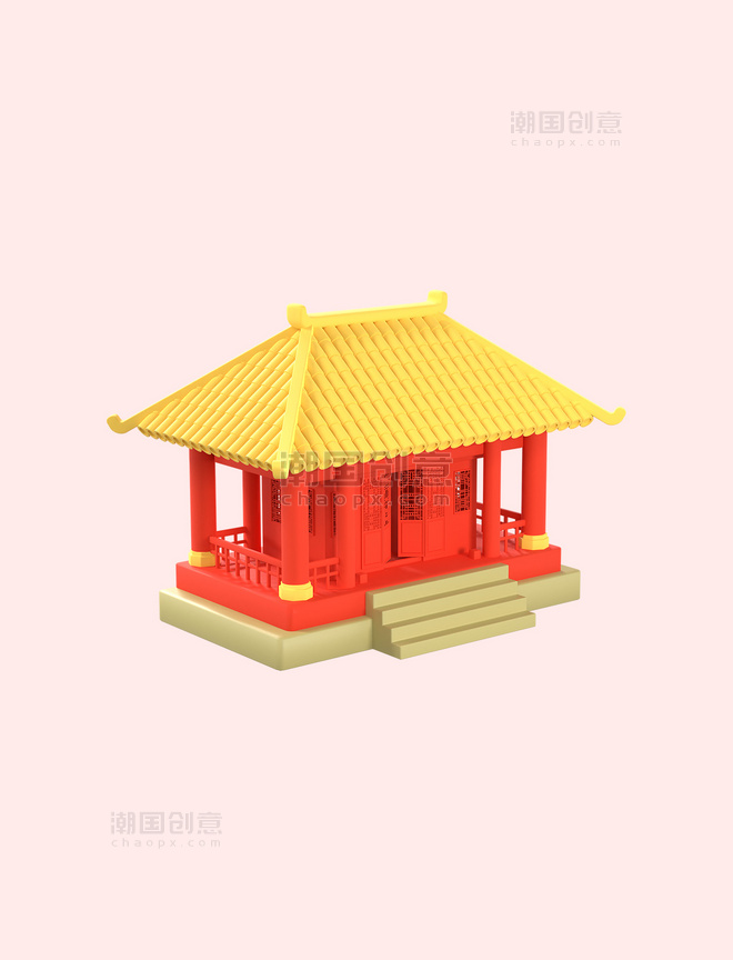 3D立体古建筑厅堂春节新年中国风国潮