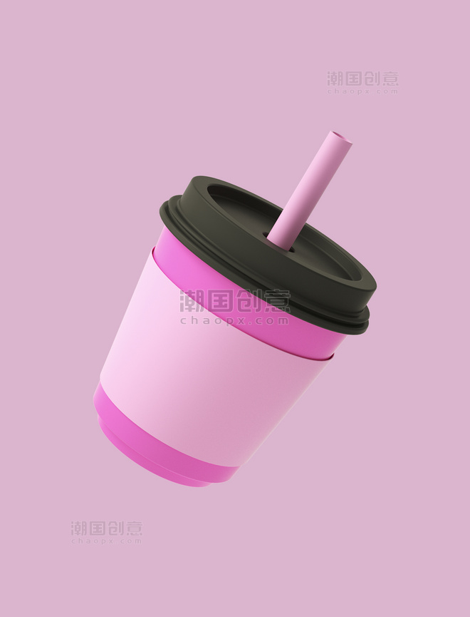 粉色C4D立体卡通奶茶杯