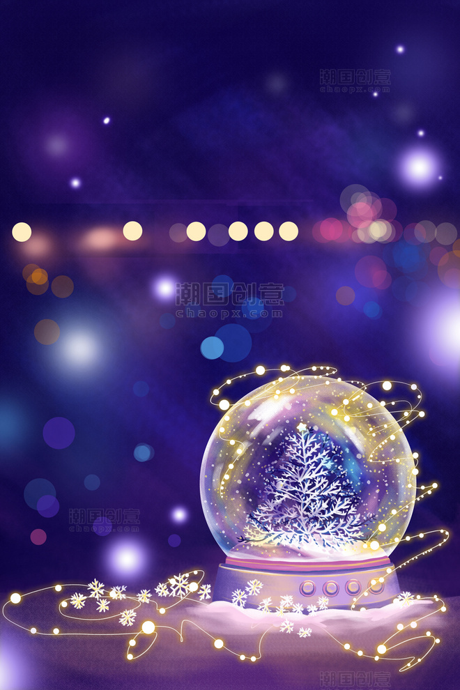 圣诞节水晶球圣诞树雪花彩灯背景
