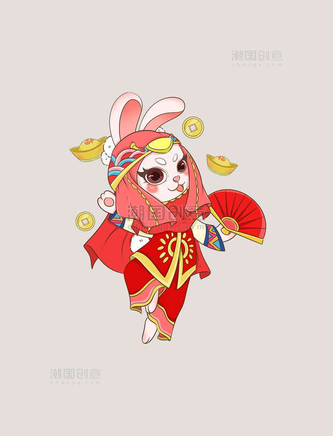 红色可爱春节回族民族风服饰拿扇子兔子元素